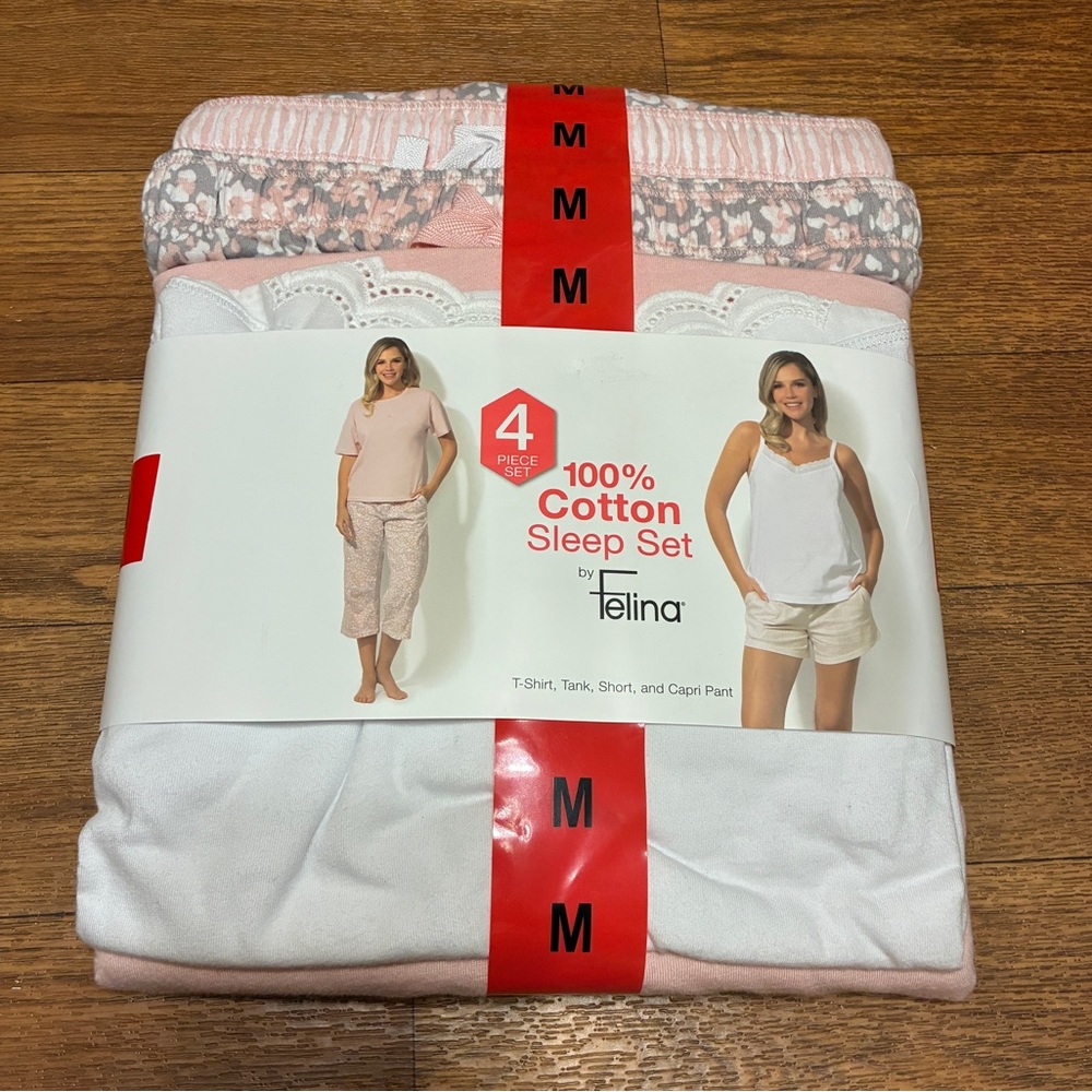 Women's Felins Pink, Gray and White Cotton 4 Piece Sleep Set Size Medium NWT